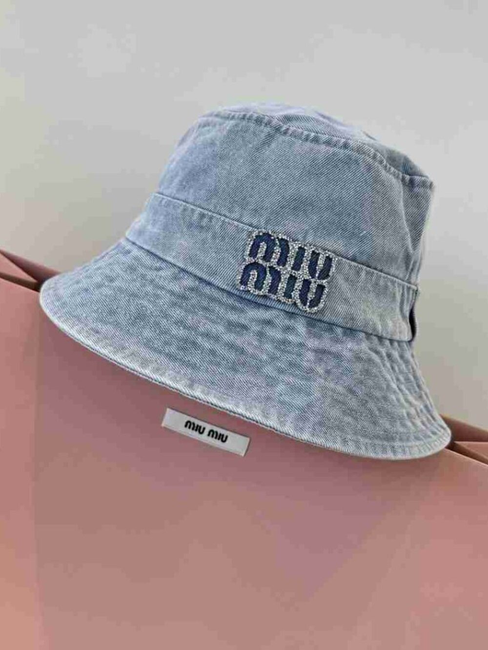 Vintage Washed Denim Miu Miu Bucket Hat with Crystal Lettering